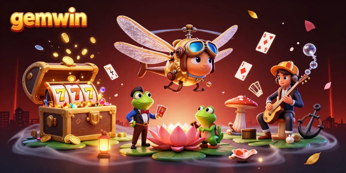 Experience gemwin's vibrant casino atmosphere with exciting characters at a lily pad casino.