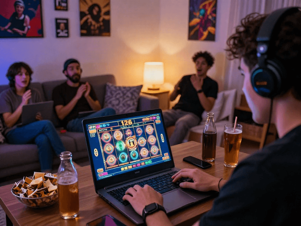 Player enjoying a virtual slot126 gaming session with friends in a cozy room.