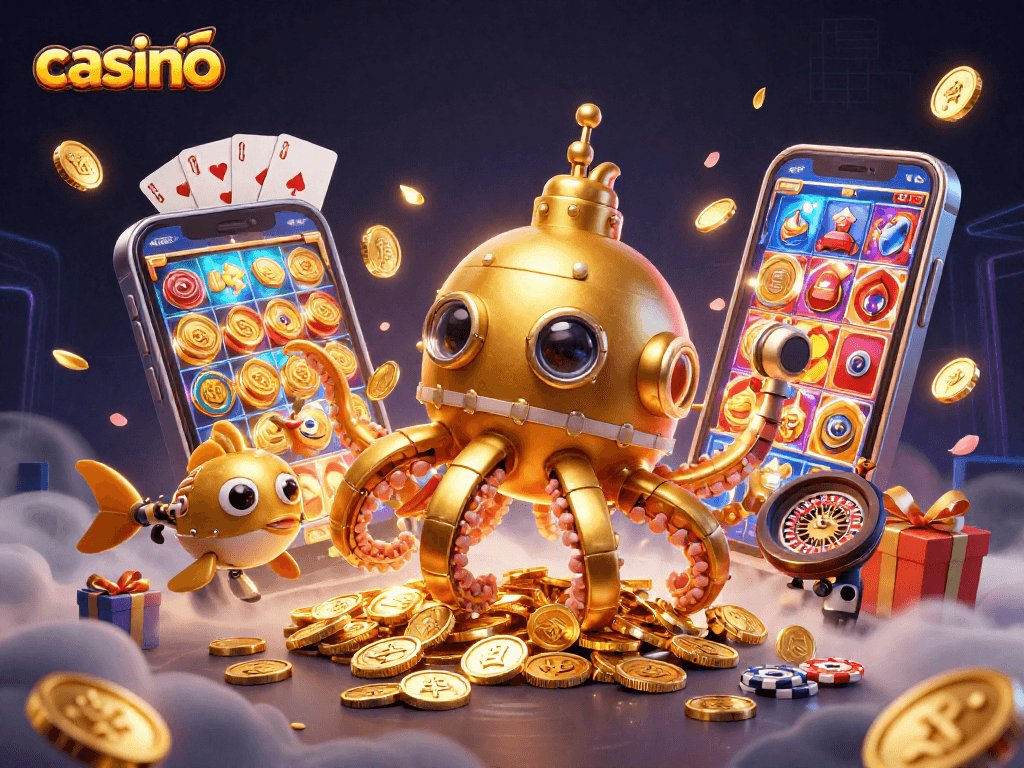 Experience thrilling casino excitement with colorful slot games and golden coins erupting from a smartphone.