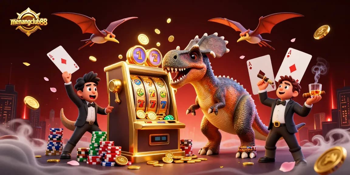 Menangclub88 brings excitement as pachycephalosaurus busts a golden slot machine, capturing flying coins!