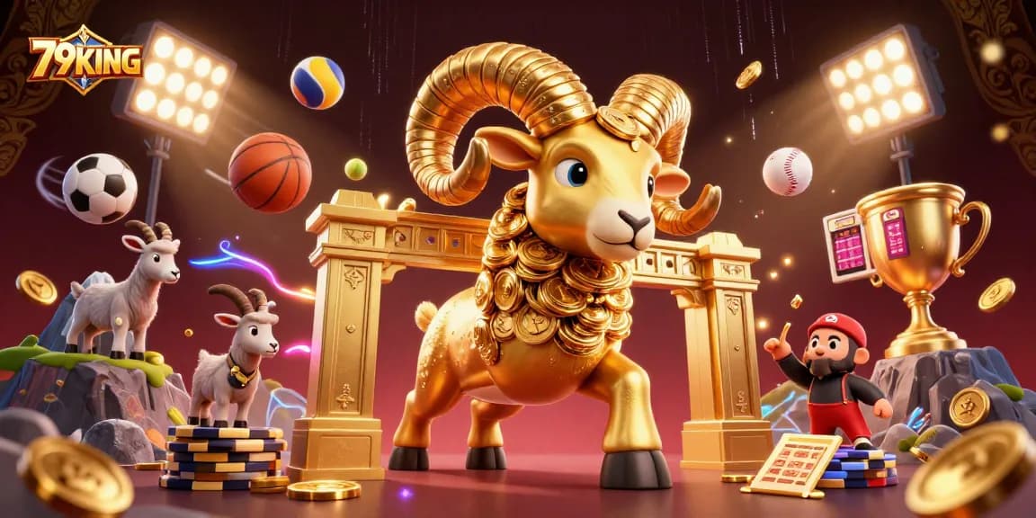 Experience thrilling action with 79KING as a golden ram charges through a vibrant sports-themed scene.