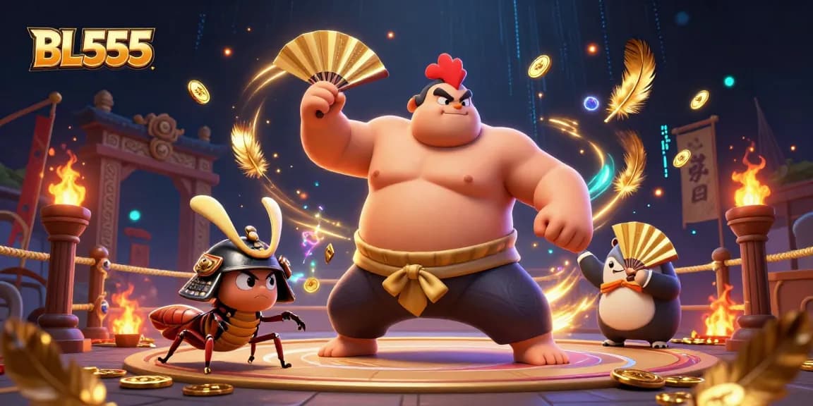 Experience intense action at BL555 with lively characters surrounded by gold coins and betting tokens.