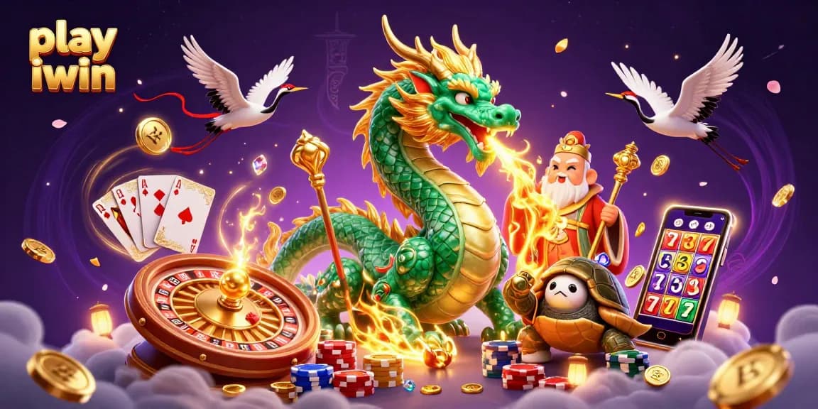 Play iwin with a dragon and friends in a vibrant casino-themed illustration outlining exciting game elements.