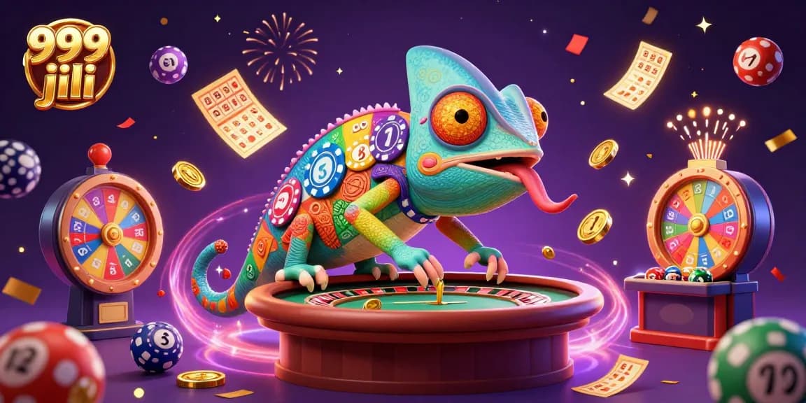 Play exciting games at 999 jili with vibrant casino themes and a colorful chameleon owner.