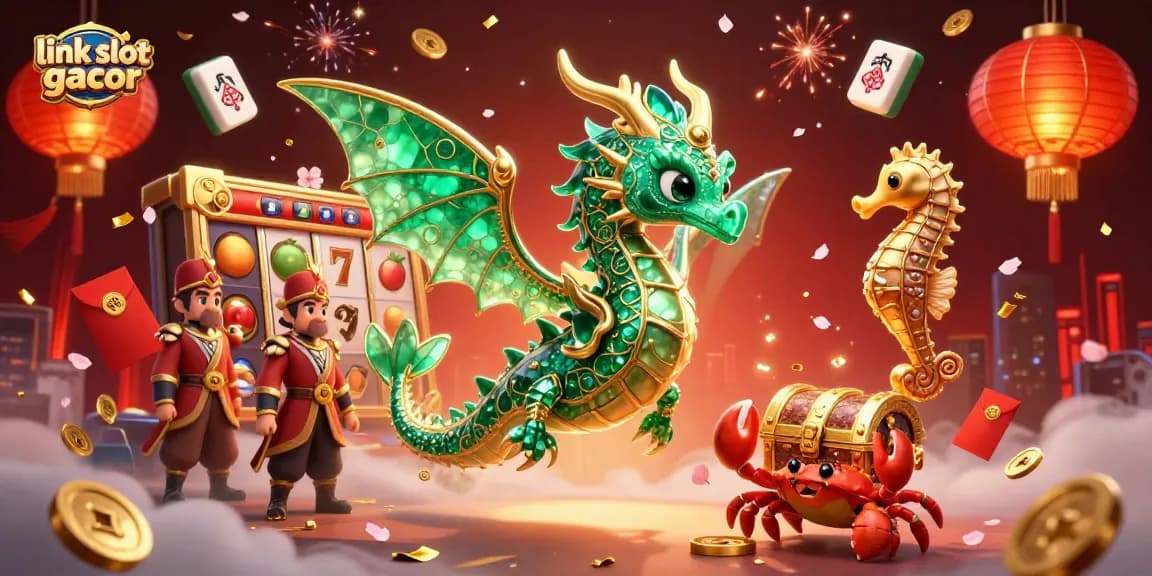 Exciting scene showcasing link slot gacor with a vibrant sea dragon, slot reels, and celebratory fireworks.