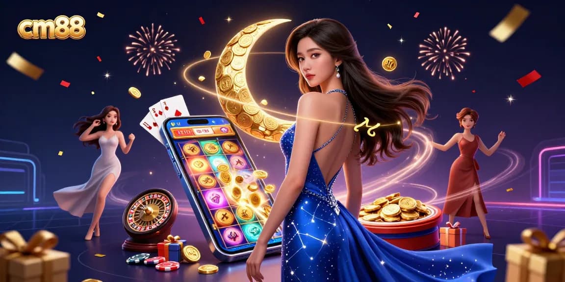 Engage in the thrilling cm88 casino experience with a glamorous Asian woman surrounded by slot games and cash.