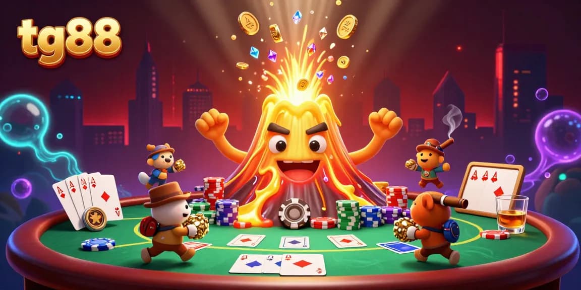 Tg88 features a vibrant 3D illustration of a gold volcano erupting treasures, embodied by a poker-themed scene.