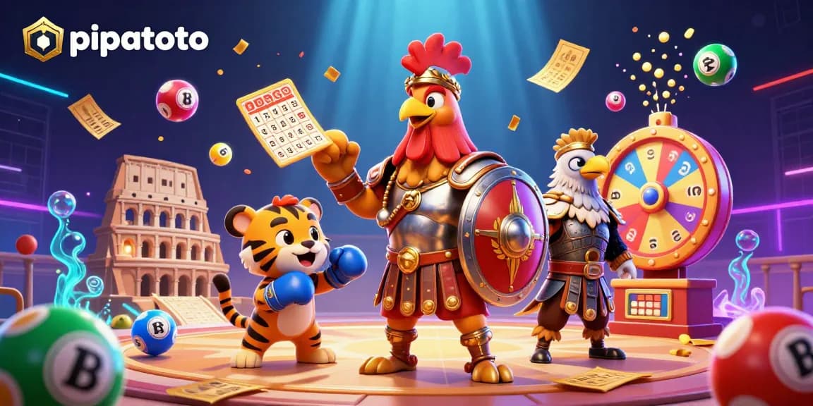 Pipatoto brings excitement to players with a lively 3D casino scene featuring dynamic lottery elements and a gladiator rooster.