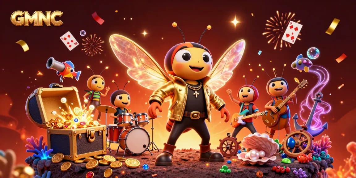 GMNC showcases a vibrant casino scene with a cicada rock star, treasure, and festive elements.