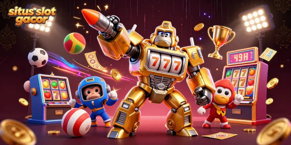 Engage with situs slot gacor through a vibrant 3D scene featuring an exciting golden gorilla mech and gaming elements.