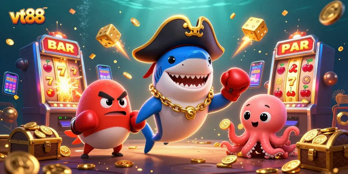 Spin to win with vt88 as a pirate shark, angry pufferfish, and octopus celebrate a jackpot.