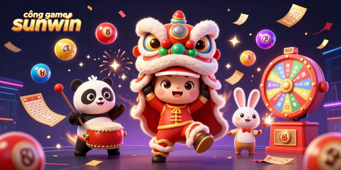 Exciting cổng game sunwin scene featuring a lion dance, vibrant lottery elements, and festive characters.