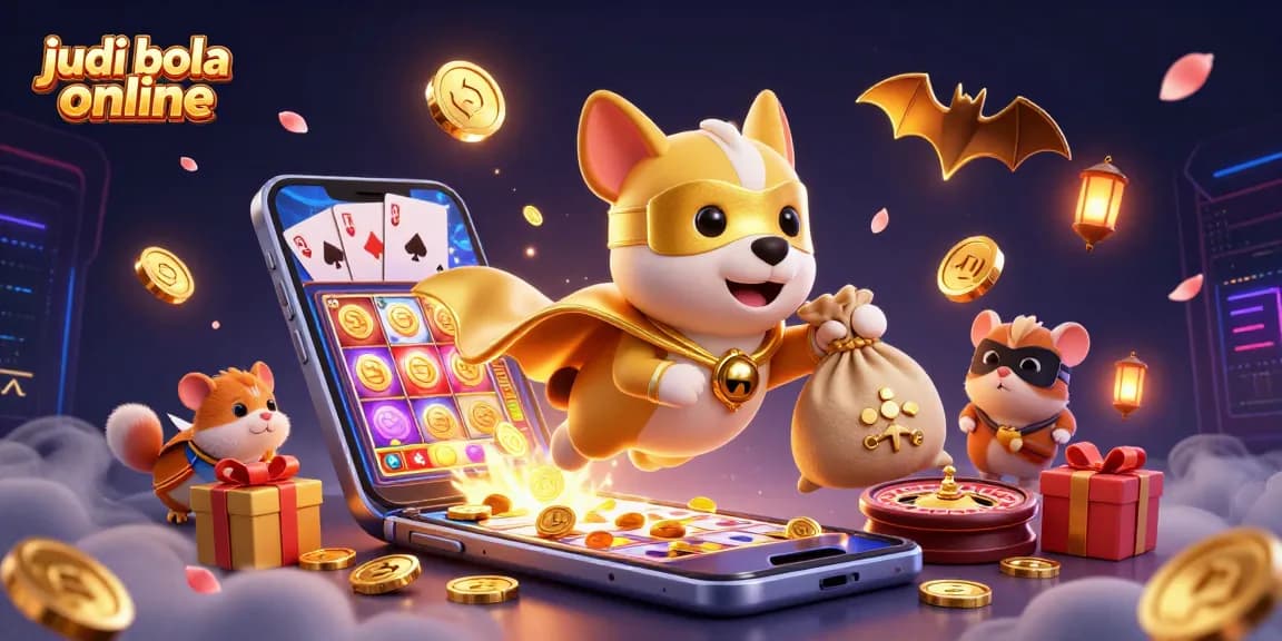 Play judi bola online with excitement in this dynamic scene featuring a superhero dog and colorful game elements.