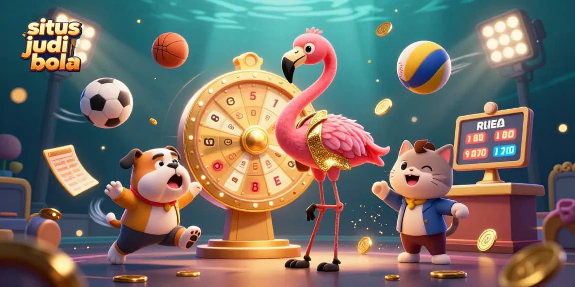 Situs judi bola animated scene with a flamingo host, bulldog contestant, and engaging sports illustrations