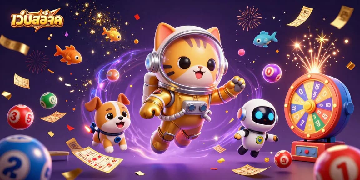 Spin your luck with เว็บสล็อต in this vibrant 3D casino-themed scene filled with symbols of chance.