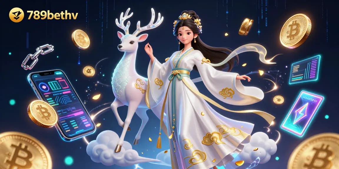 Place bets on 789bethv with vibrant 3D illustration depicting an Asian woman and cryptocurrency elements.