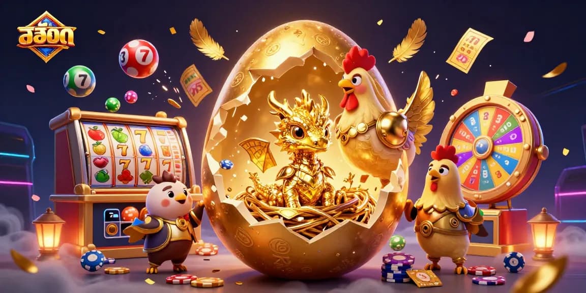 Play slots with excitement as a golden dragon emerges from an egg amidst a flurry of vibrant games.