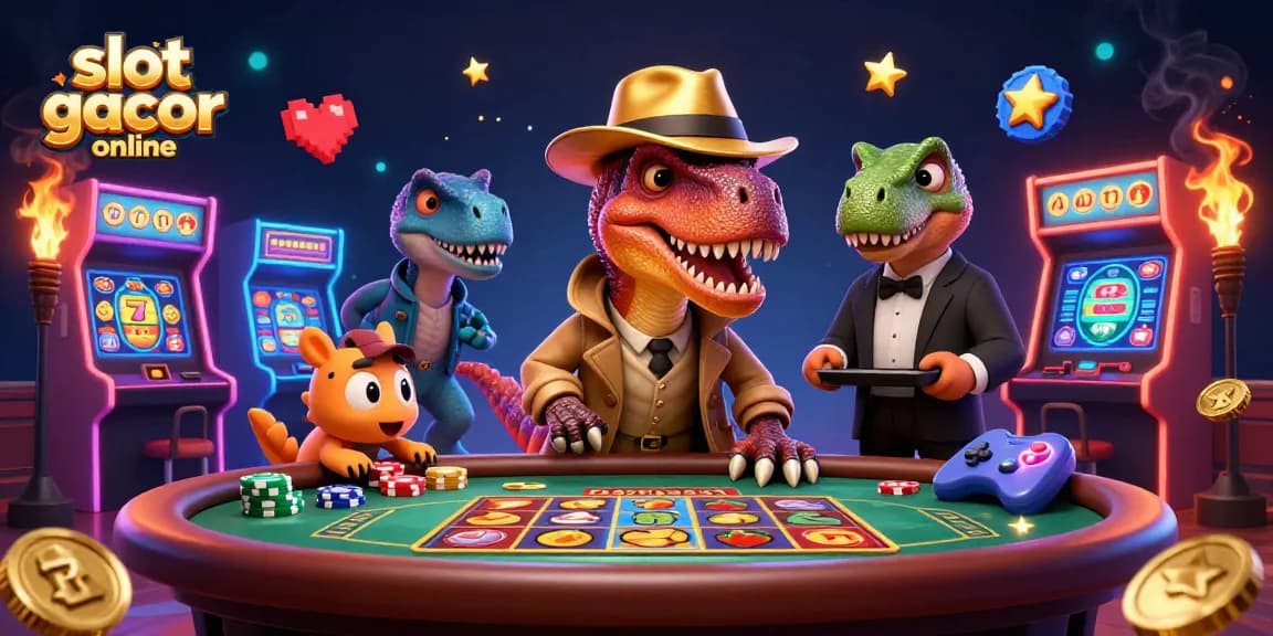 Menang di slot gacor online dengan ilustrasi kartun dinosaurus di meja blackjack dan elemen slot bersinar.
