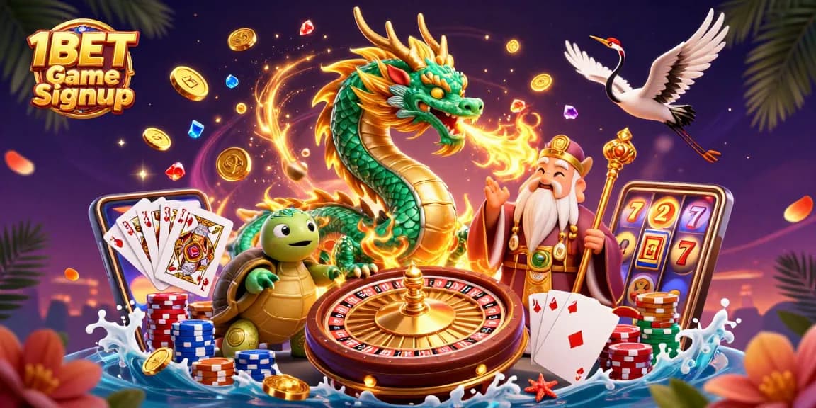 Experience the thrill of 1BET Game Signup with a vibrant casino scene featuring dynamic characters and gaming elements.