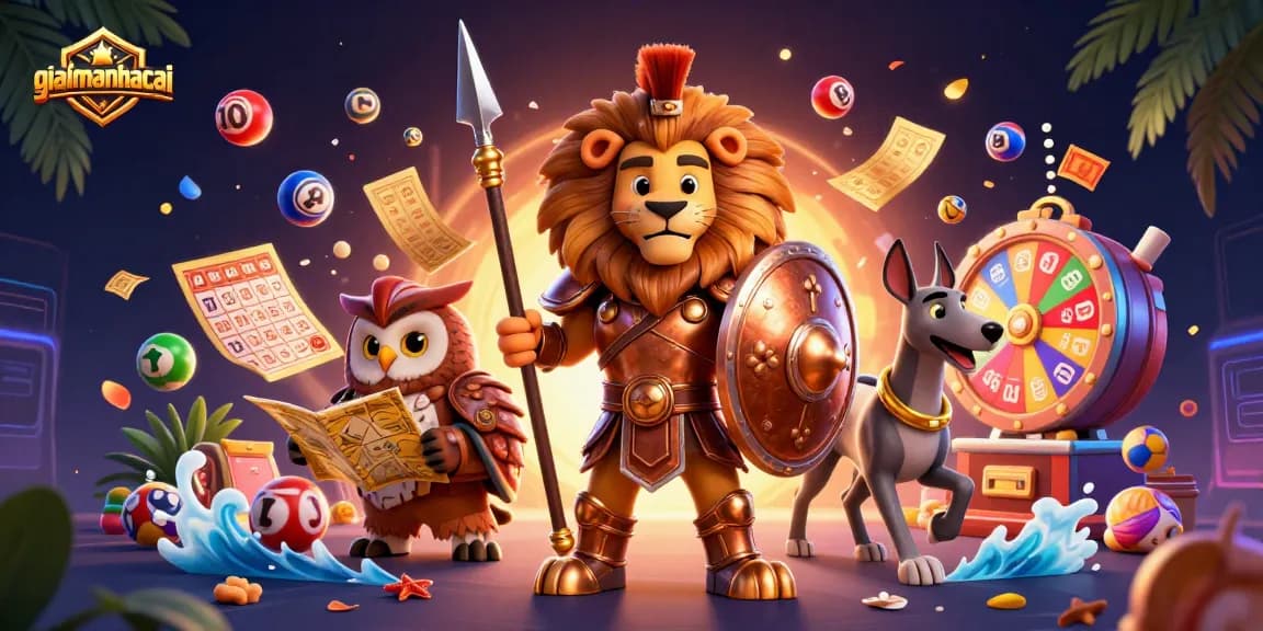 Experience the excitement of giaimanhacai with heroic characters, lottery elements, and vibrant casino visuals.