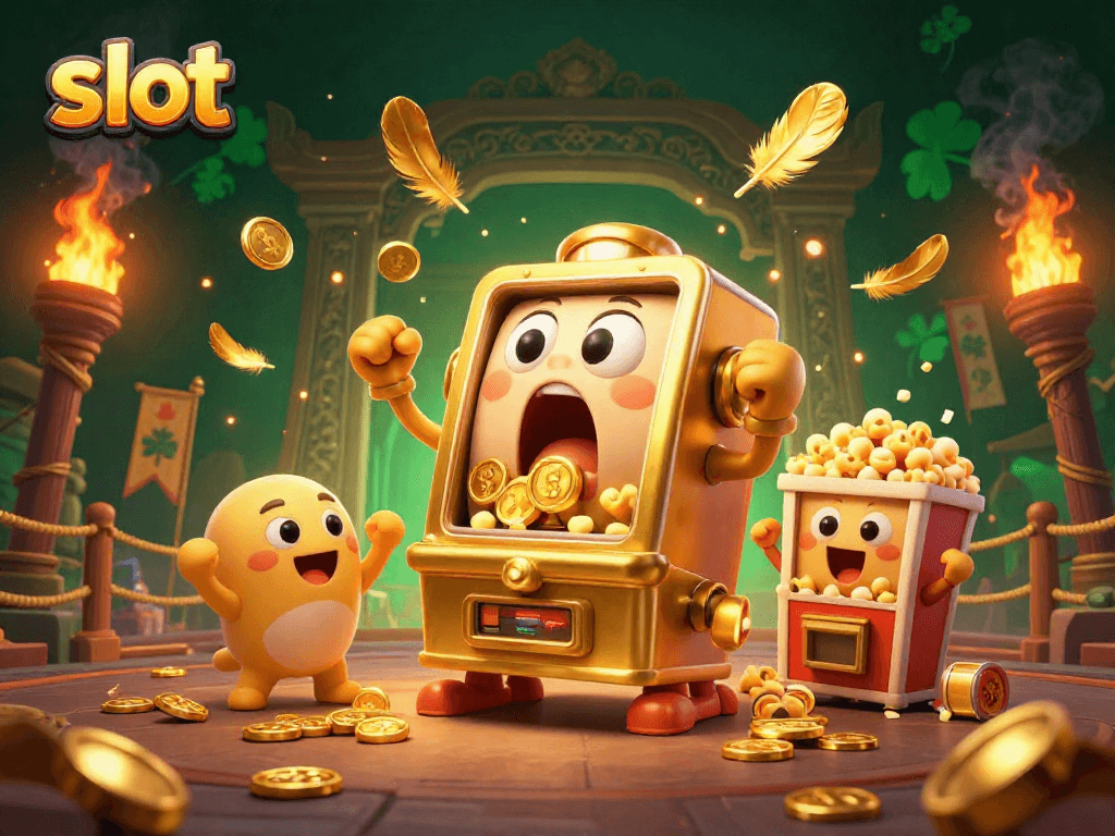 Experience thrilling slot jackpots with a golden slot machine, surrounded by coins and excitement.