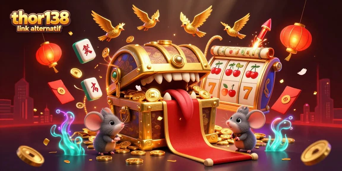Slot dinamis dan petualangan di thor138 link alternatif dengan simbol keberuntungan dan cahaya emas.