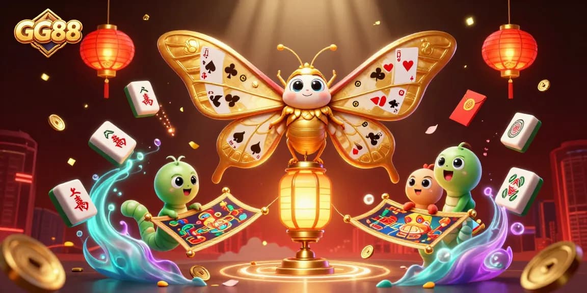Engage in thrilling gaming with GG88 surrounded by vibrant casino elements like floating mahjong tiles and lanterns.