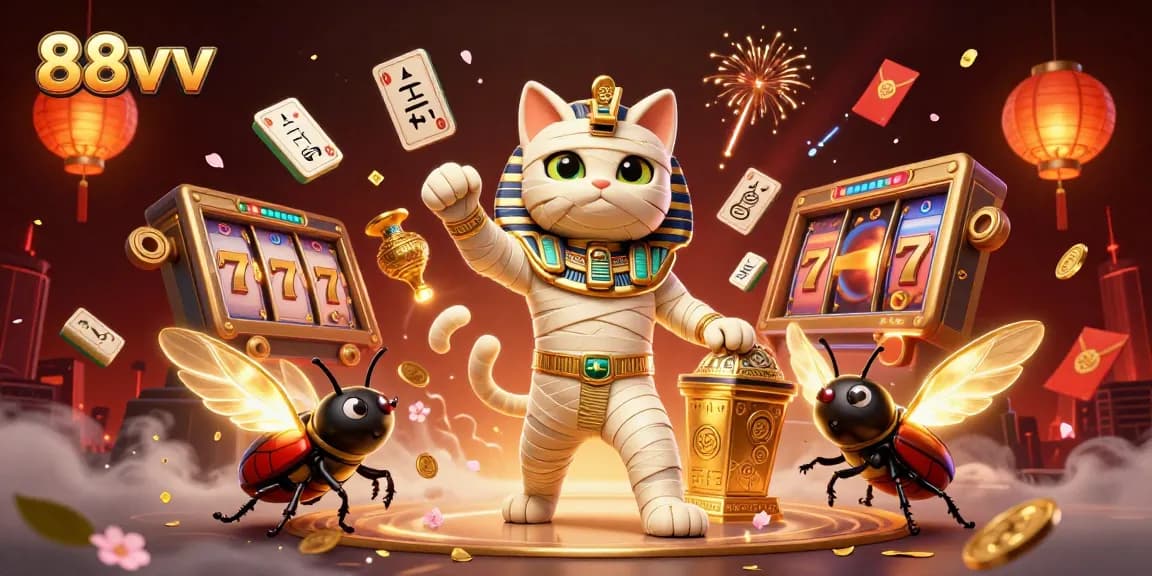 Engage with 88vv's lively environment featuring an Egyptian mummy cat and a scarab beetle alongside exciting slot games.