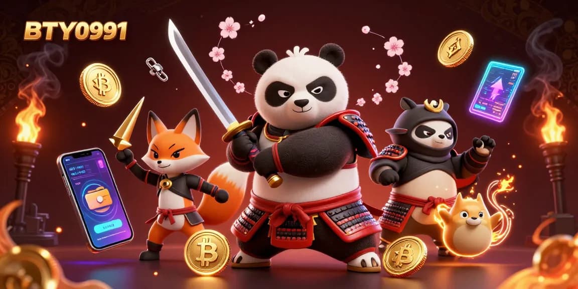Experience thrilling action with BTY0991 as a fierce samurai panda and ninja fox battle amidst cryptocurrency symbols.