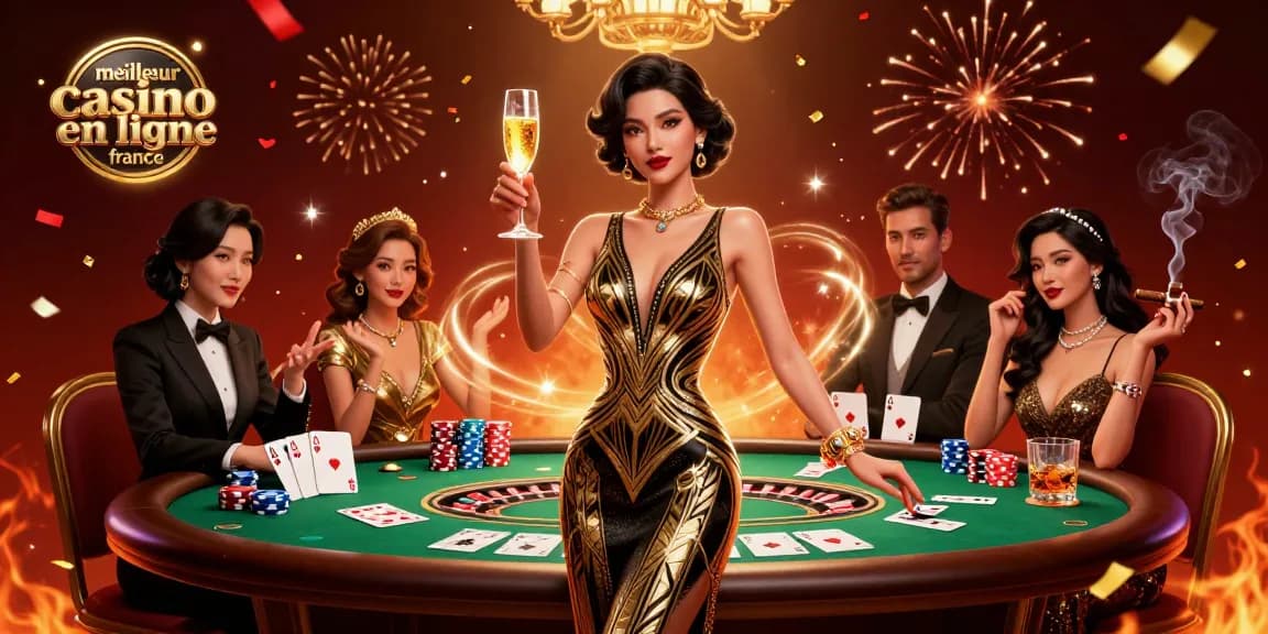 Experience the allure of the meilleur casino en ligne france with elegant characters celebrating at a glamorous setting.