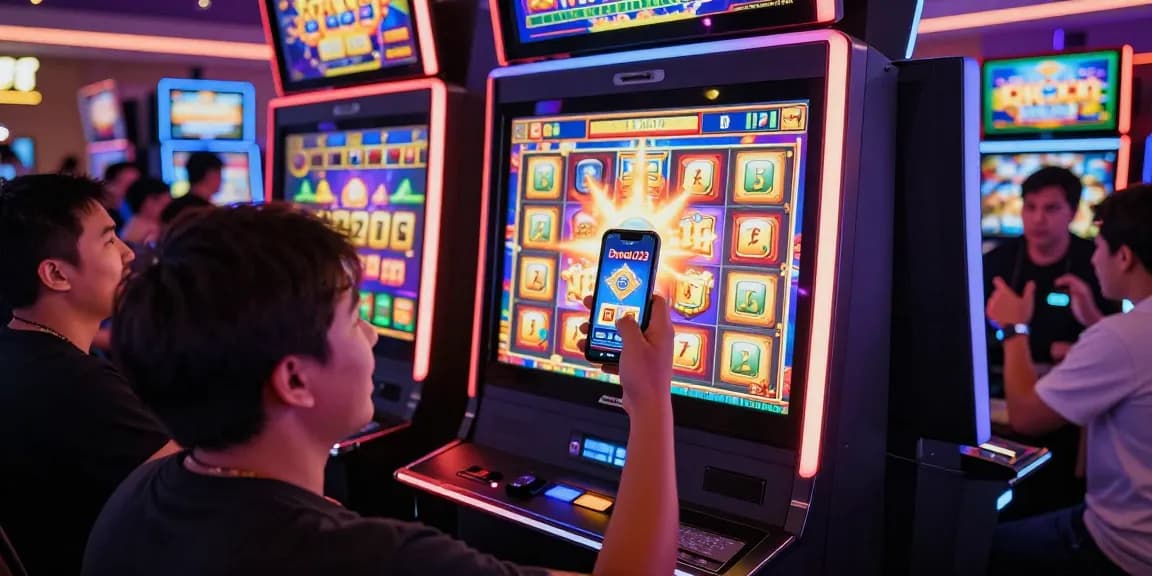 Situasi slot gacor yang menarik dengan pemain bersuka cita merayakan kemenangan di mesin slot.