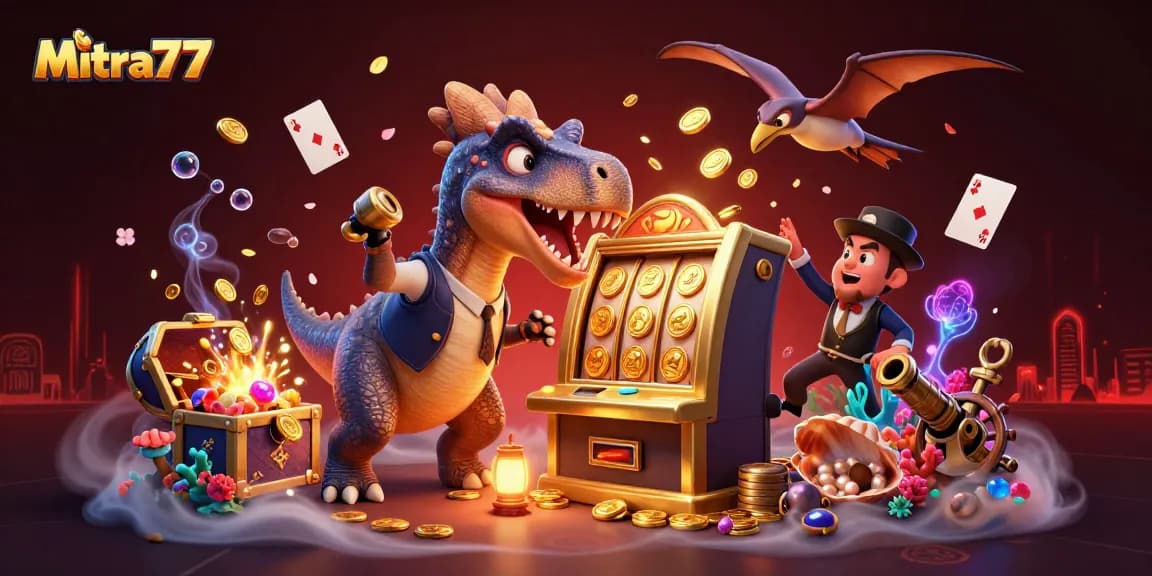 Mitra77 menarik jackpot di mesin slot emas dengan dinosaurus terlihat terkejut di kasino.