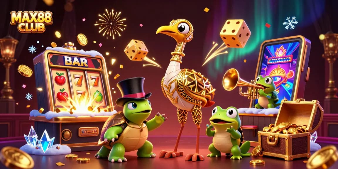 Experience the thrill with MAX88 CLUB, featuring lively cartoon characters and vibrant casino elements.