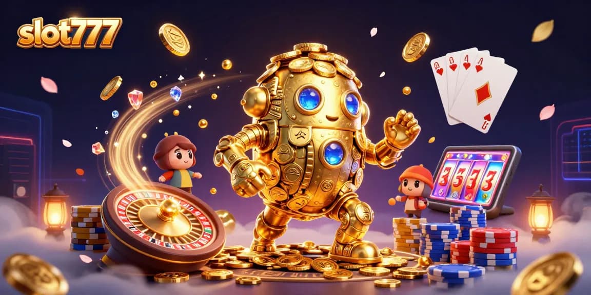 Experience excitement with slot777's golden golem among casino elements in this vibrant illustration