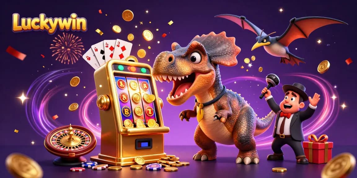 Luckywin casino scene with colorful slot game action and dynamic characters celebrating jackpots.