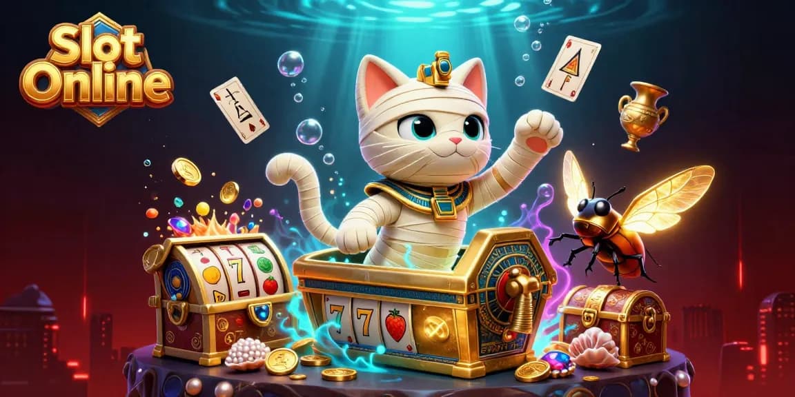 Spin slots online with excitement as the Egyptian mummy cat and scarab beetle erupt from the casino scene.