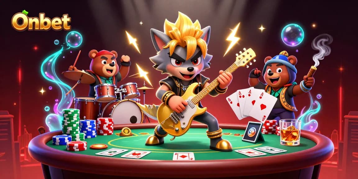Experience Onbet through a lively cartoon rock star concert on a vibrant casino stage.