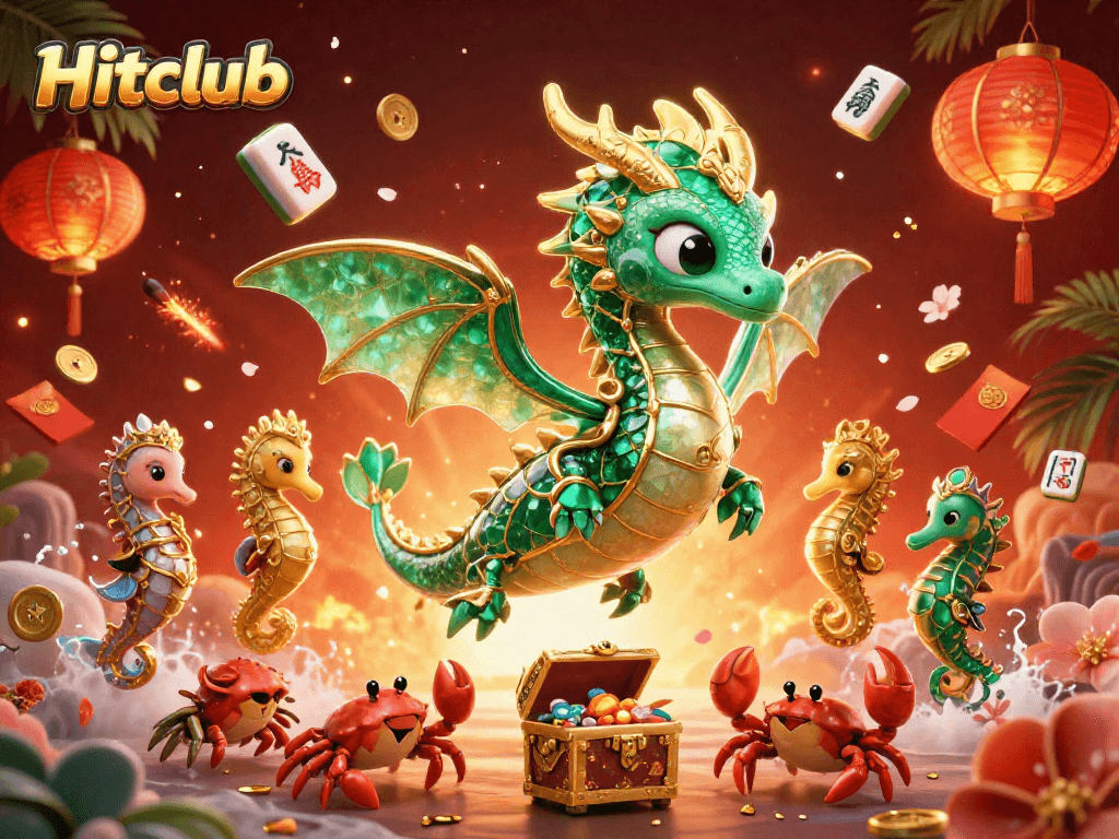 Engage with Hitclub in this vibrant 3D casino illustration depicting festive gaming elements.