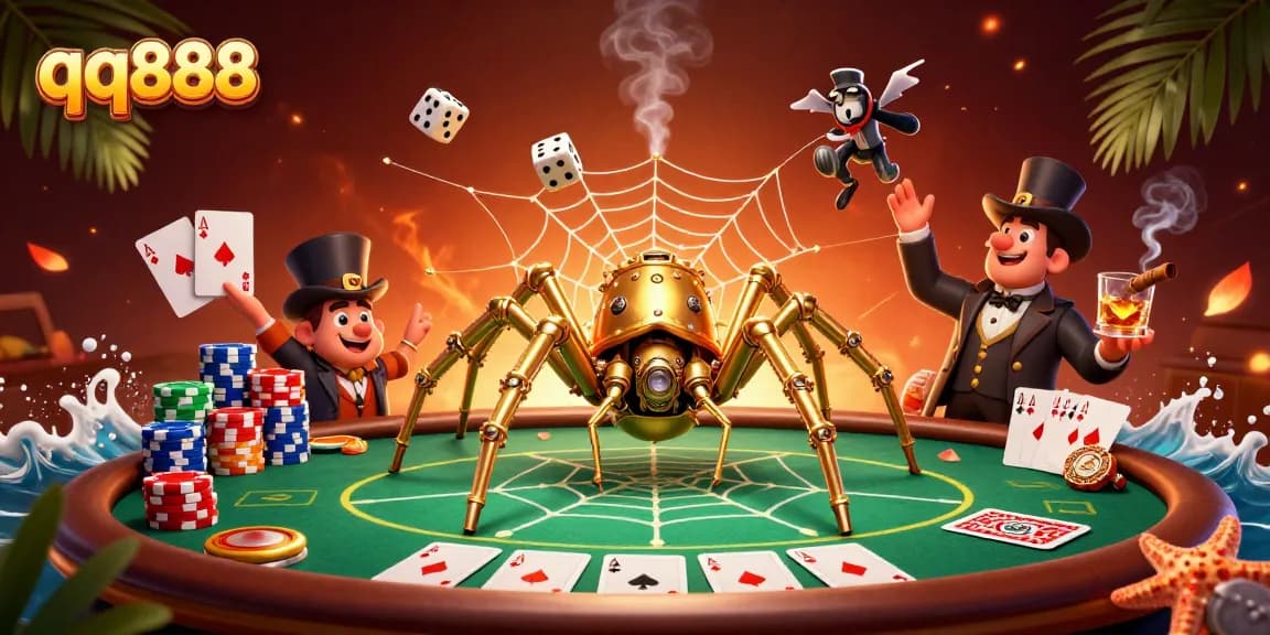 Catch the thrill of qq888 as a golden spider ensnares dice in its shimmering web.