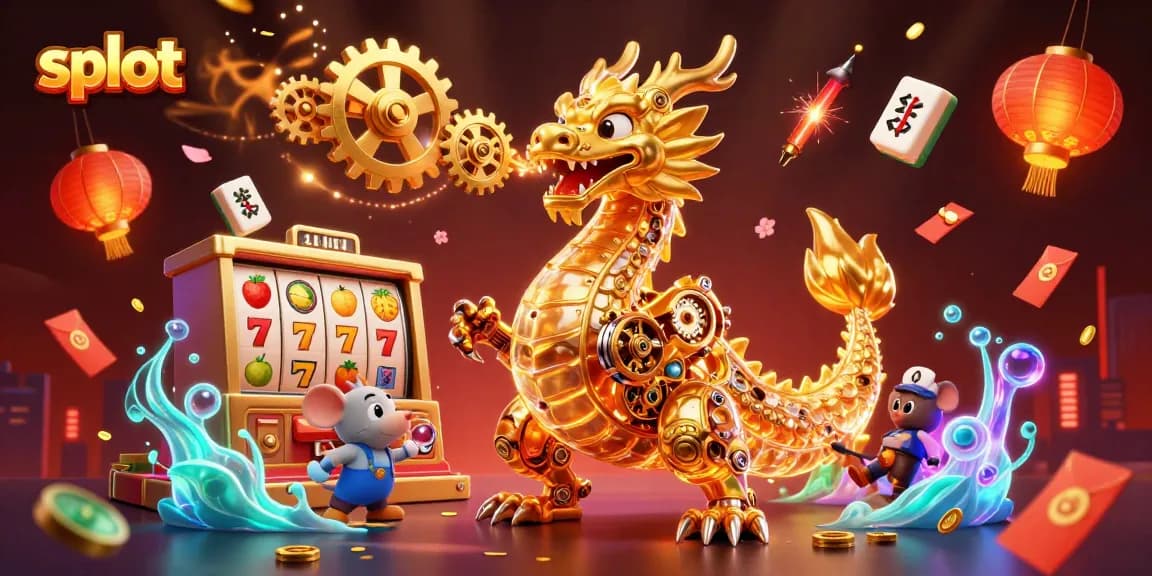 Rasakan sensasi slot yang menarik dengan naga emas dan elemen mahjong berkilau di malam hari.