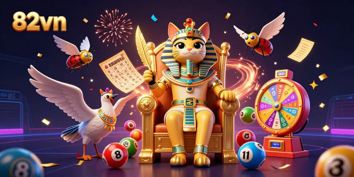 Engage in thrilling games with 82vn featuring vibrant lottery balls and golden prizes in an energetic casino scene.