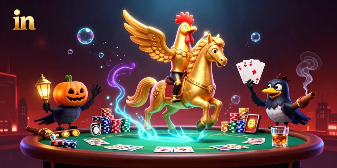 Experience the thrill in a midnight casino with a golden rooster and poker elements.