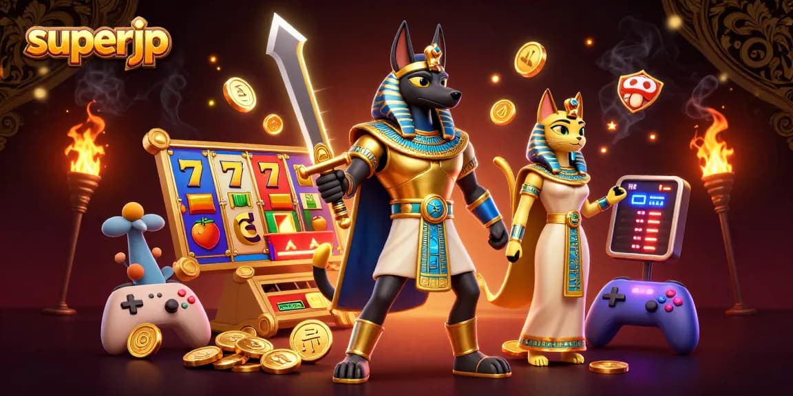 Experience superjp with vibrant slot reels and ancient Egyptian characters in a thrilling casino setting.