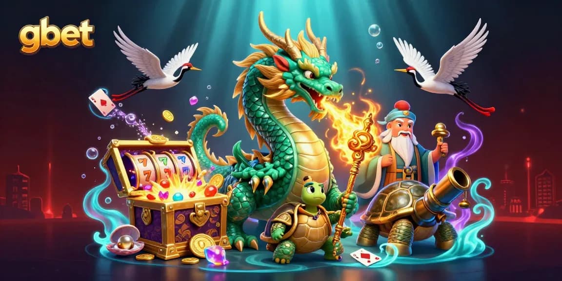 Experience gbet's thrill with a vibrant 3D casino scene featuring mythical creatures and exciting game elements.