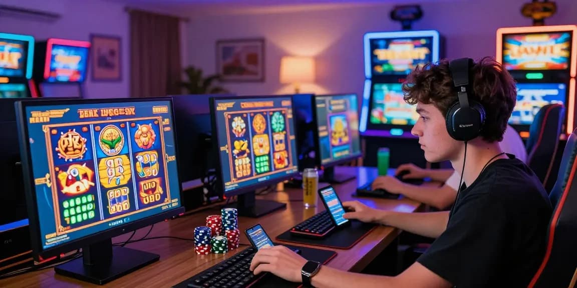 Slot maxwin yang menarik dengan pemain bersemangat menikmati permainan slot online di rumah.