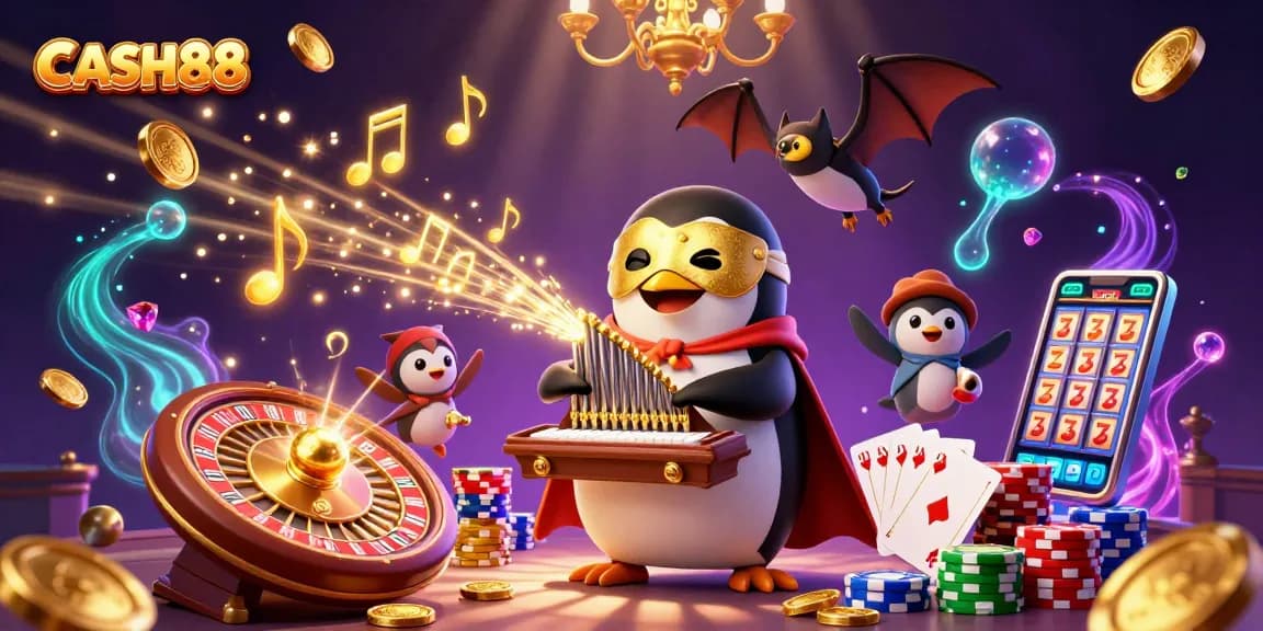 Experience the excitement of CASH88 with a whimsical penguin playing casino music amidst golden coins and vibrant game elements.