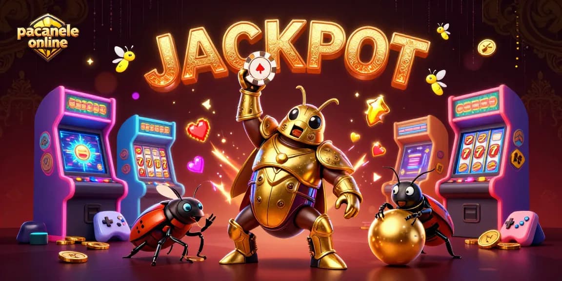 Experimentează câștigurile la pacanele online cu un scorpion în armură de gladiator prezentând un chip de poker și simboluri de fructe.