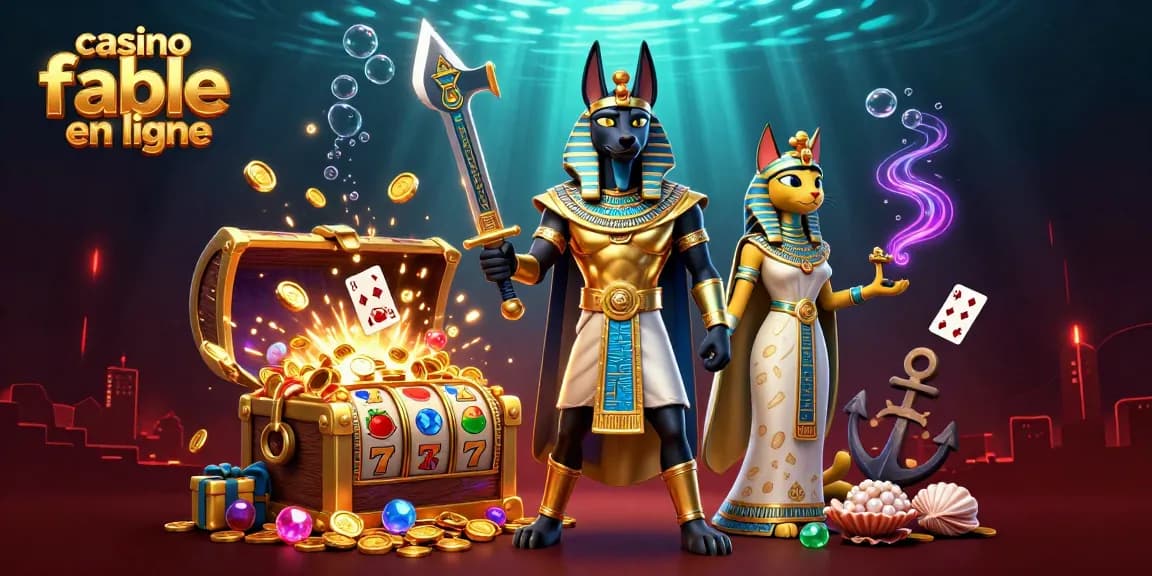 Engage with casino fiable en ligne in a vibrant 3D scene featuring Anubis and Bastet, surrounded by treasure.
