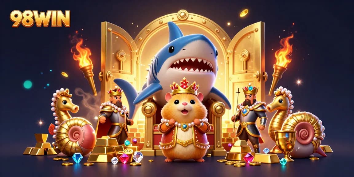 Experience thrilling gameplay with 98WIN’s vibrant casino scene featuring majestic characters and treasure.