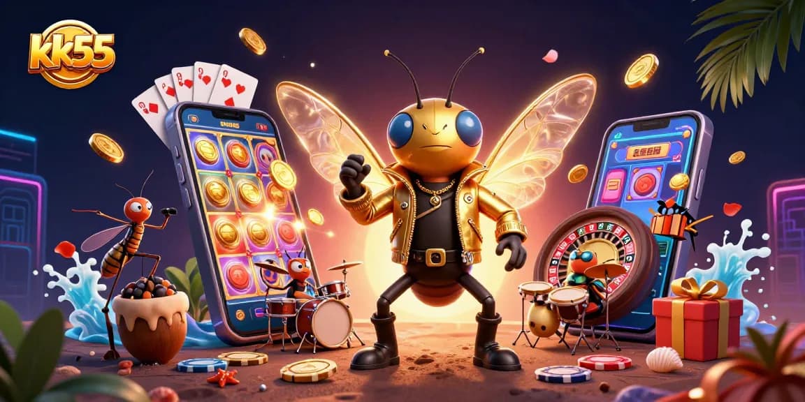 Experience thrilling wins with kk55's vibrant casino scene featuring a rock star and exciting game elements.